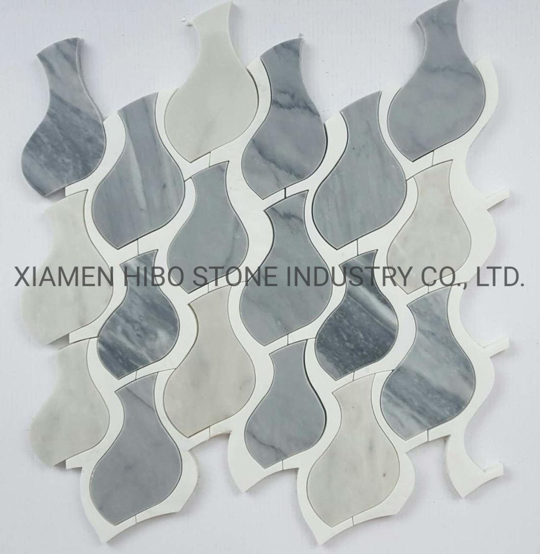 Natural Stone Marble Pure White Thassos and Shell Waterjet Flower Pattern Mosaic Tile Waterjet Tile