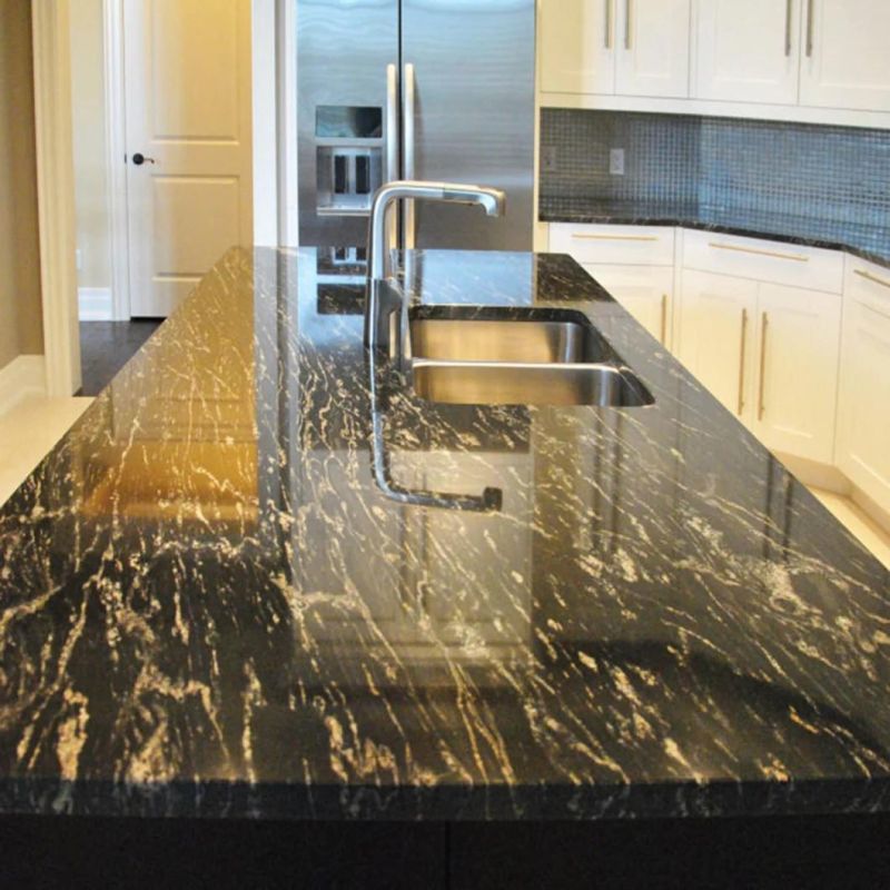 Cosmic Black with Gold Veins Brazil Granite Kitchen Island Granite Tile Countertop