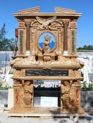 Yellow Double Marble Fireplace Mantel Carved Statues in Stock (SYMF-303)