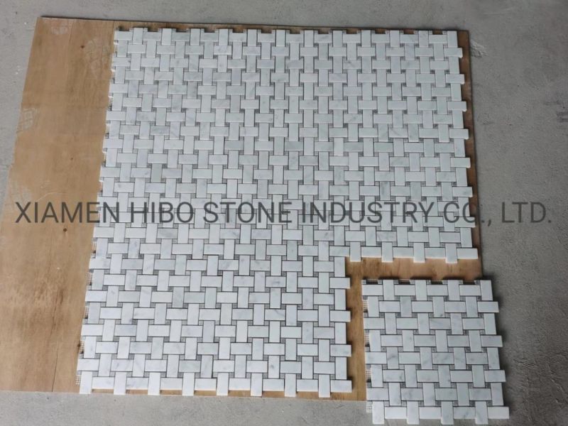 Italian Bianco Carrara White and Bardiglio Grey Dots Basketweave Mosaics