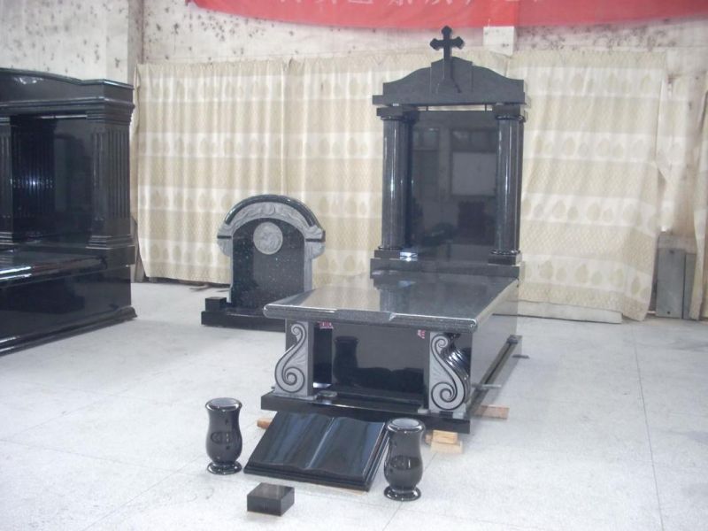 Black Granite Cross Headstones Tombstones and Monuments with Vase