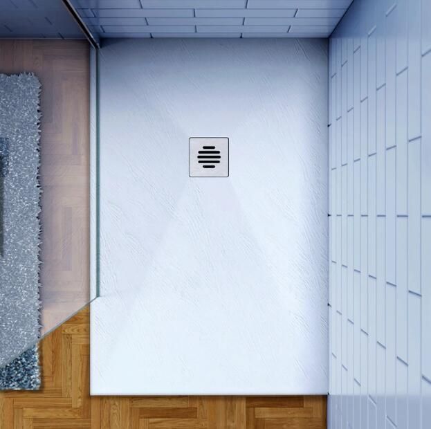 Stone Resin Shower Base Shower Tray 80*80*4cm White Shower Plate in Marble Resin Mixed Effect Slate Rough Pile and Pipe Included