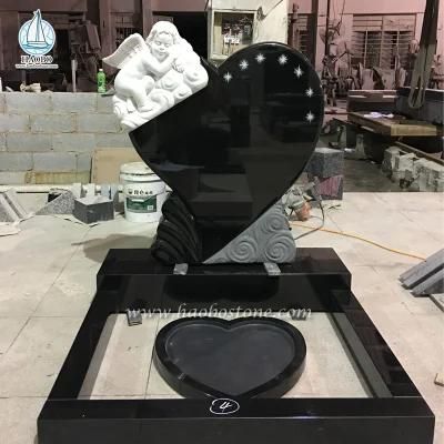 Black Granite Tombstone Heart Carved with Angel Statue Headstone