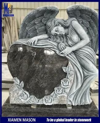 Bahama Blue Granite Gravestone with Antique Angel Holding Heart