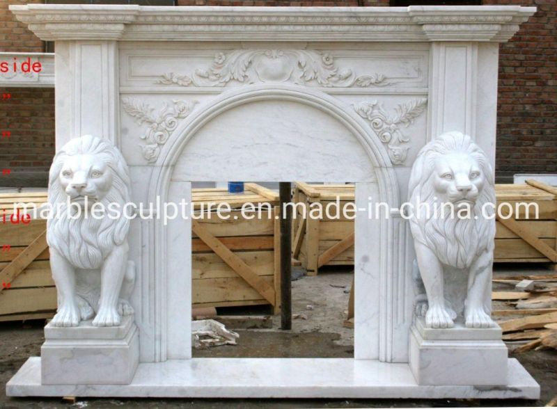 Beautiful Decorative Marble Lion Statue White Marble Fireplace (SYMF-132)