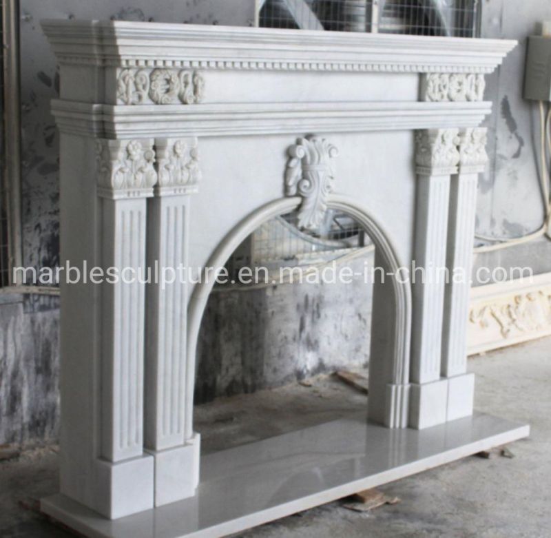 Hand Carved European Style White Arched Marble Fireplace Mantle (SYMF-318)