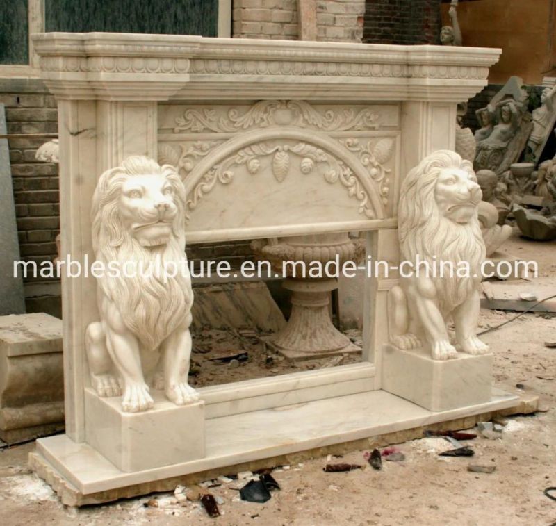 Beautiful Hand Carving Lions Home Decoration Beige Marble Fireplace (SYMF-162)