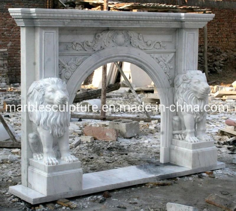 Hand Carving White Marble Fireplace with Lion Statues (SYMF-187)