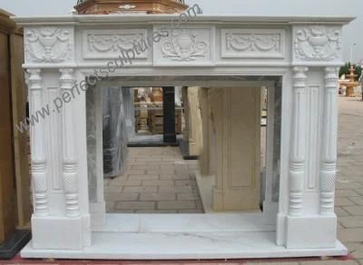 Flower Carving Stone White Marble Fireplace Mantel with Column (QY-LS344)