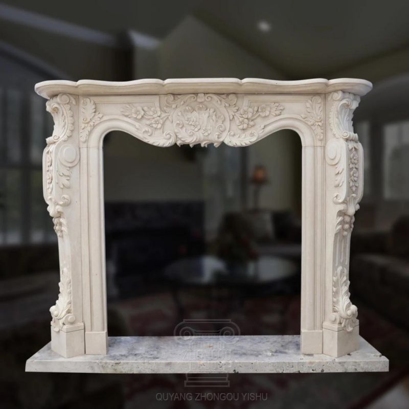 Louis Xv Style White Marble Fireplace Mantel with Flower Grape Carvings