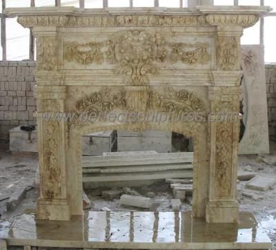 Yellow Beige Travertin Fireplace Surround with Heavily Carved Flower (QY-LS349)