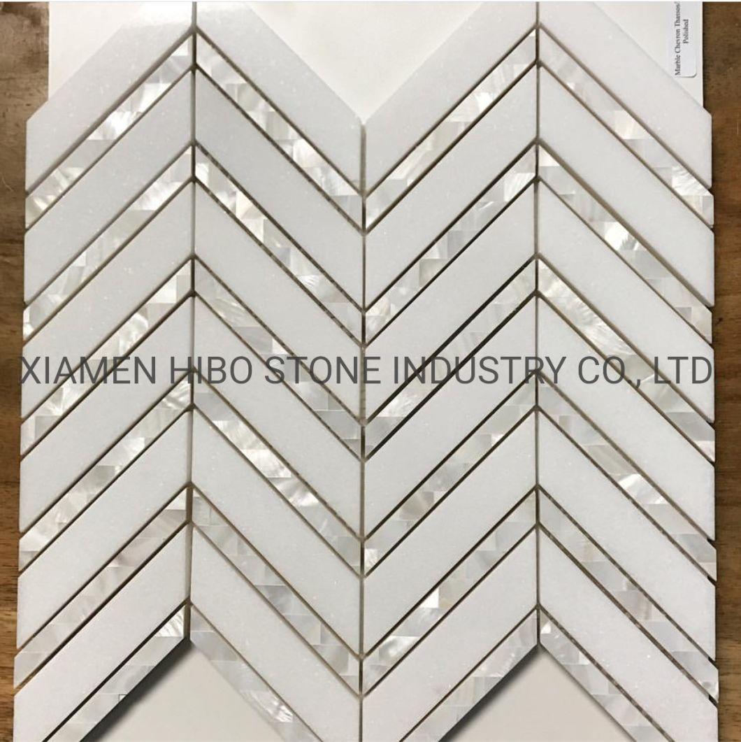 Thassos White and Bianco Carrara Marble Stone Mosaic Mixed Mother of Pearl Classic Style Chevorn Tile