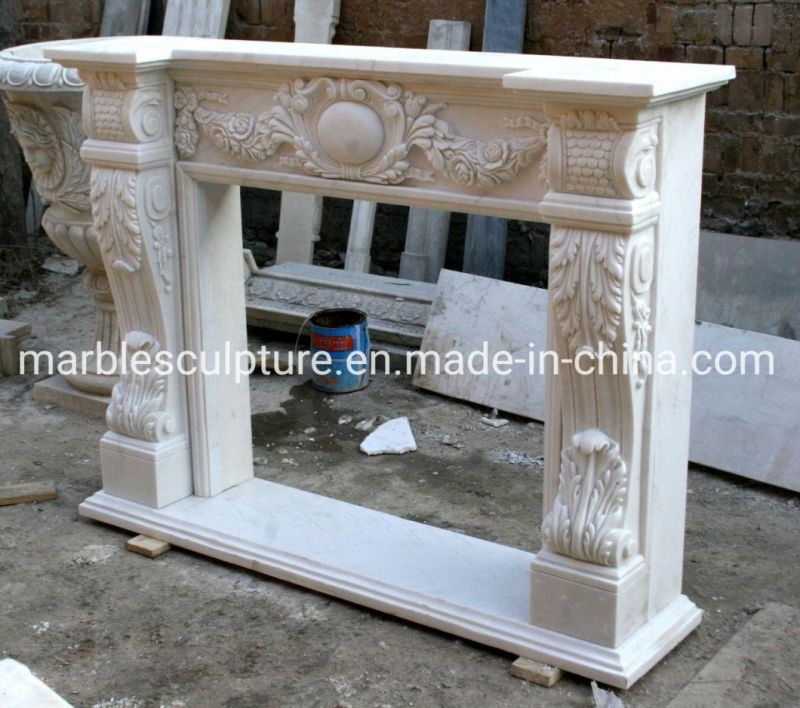 Beautiful White Stone M Antel Marble Fireplace Carved Flowers (SYMF-094)