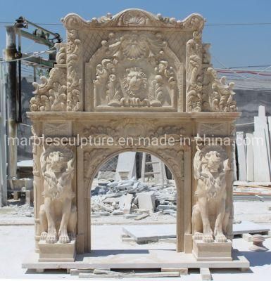 Natural Indoor Decorative Hand Carved with Lion Image Marble Fireplace (SYMF-389)