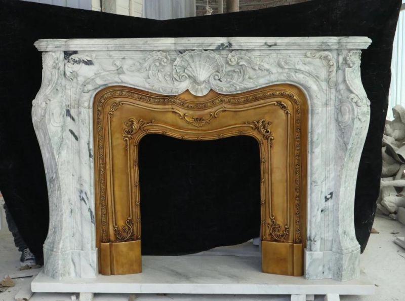 Hand Carved White Marble Fireplace Mantels Surround with Metal