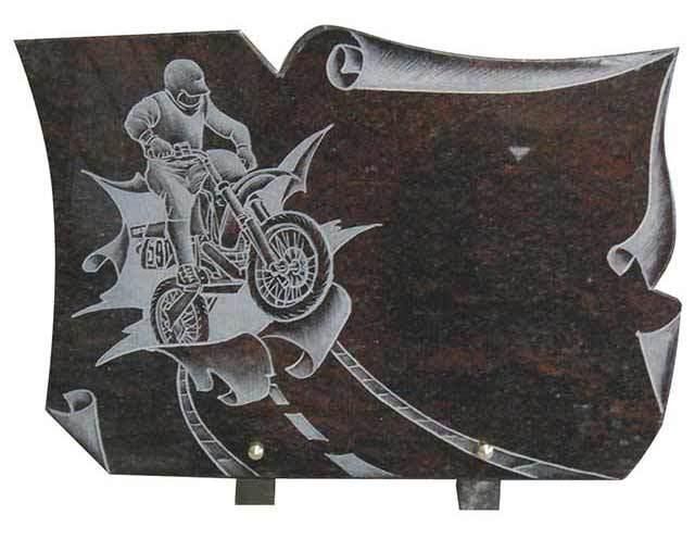 Hand Carved Biker Image Dark Red Granite Grave Plaque