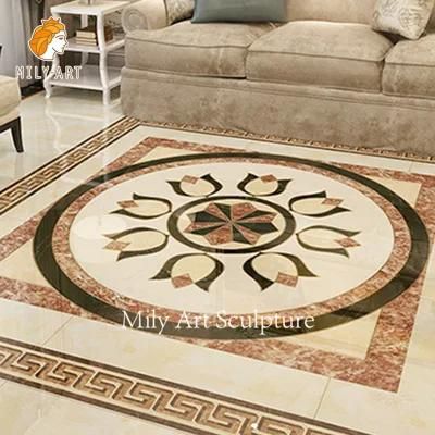 Villa Hotel Lobby Custom Waterjet Round Square Marble Inlay Floor Medallion