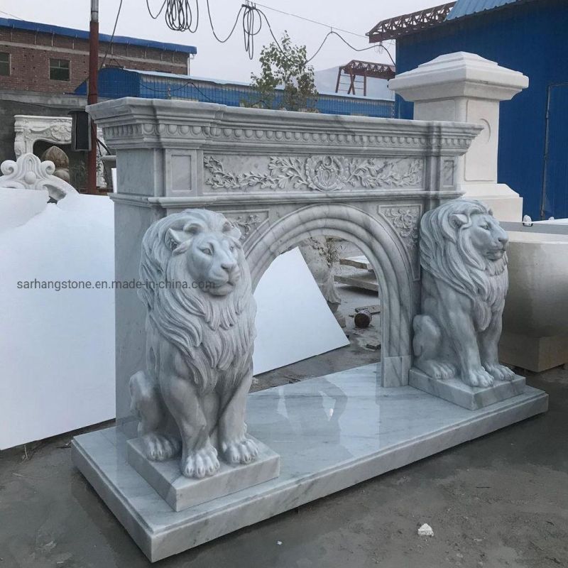 Customzied Styles Marble Lion Statue Fireplace Surround Mantel Sculpture