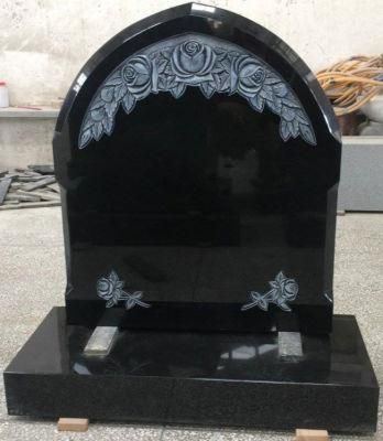 Black Granite Headstone with Carved Roses European Memorial Stone