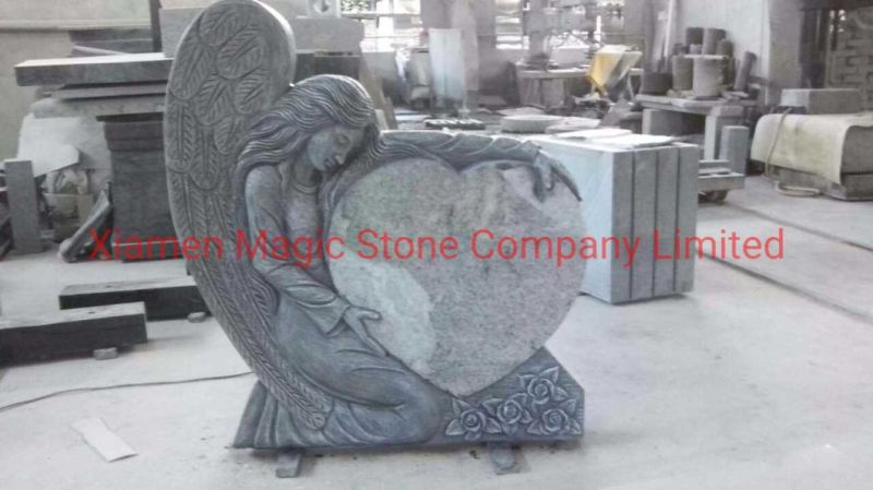 Hand Carved Weeping Angel Monument Granite Stone Tombstone with Heart
