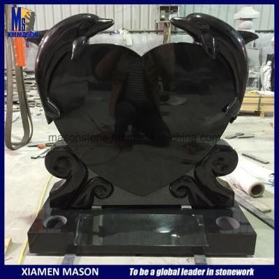Good Quality Upright Carved Dolphin Heart Shape Headstone with Shanxi Black Granite