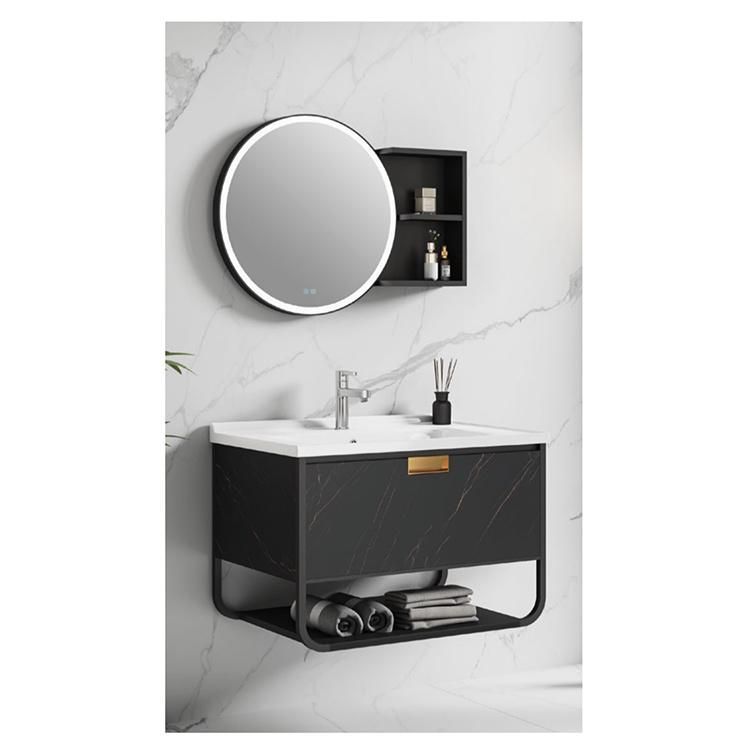 Modern White Wood Grain Bathroom Vanities Double Sink Waterproof Bathroom Cabinet Marble Countertop Vanity Tops