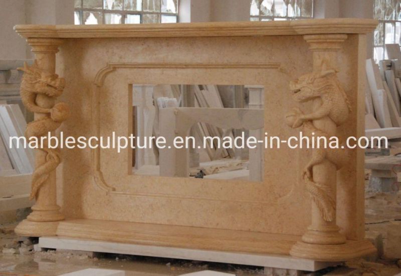 New Design Sculpture Mantel Beige Marble Fireplace Carved Long (SYMF-101)