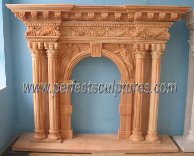 Red Marble Arch Fireplace with Carving Column Angel Statue (QY-LS274)