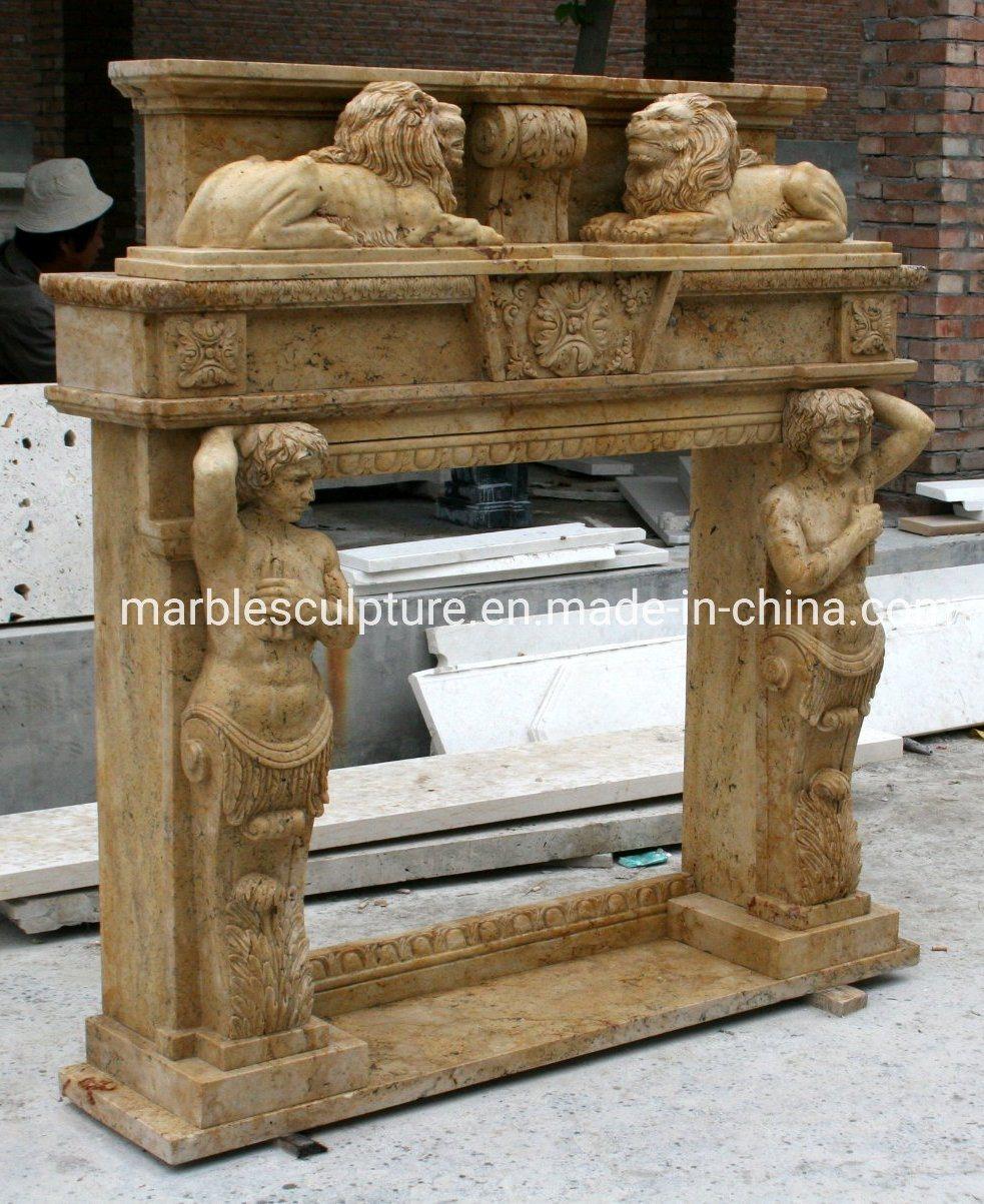 Classic Figure Sculpture Lion Statues Marble Fireplace (SYMF-038)