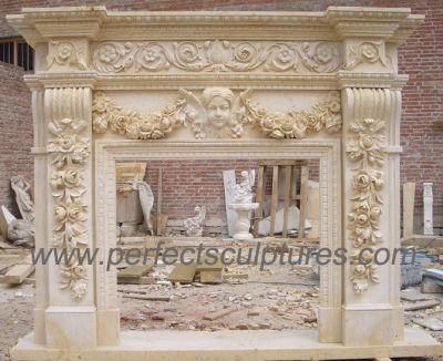 Marble Fireplace Mantel with Carved Flower &amp; Lady Face (QY-LS216)