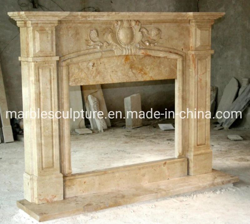 Simple Style Hand Carving Stone Sculpture Beige Marble Fireplace (SYMF-057)