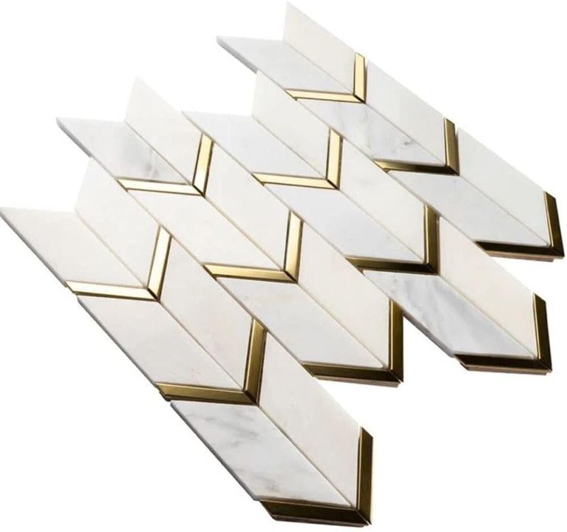 Chevron with Gold Metal Stailess Steel Marble Mosaic Tile Bathroom Kitchen Backsplash Marble Mosaic Tiles