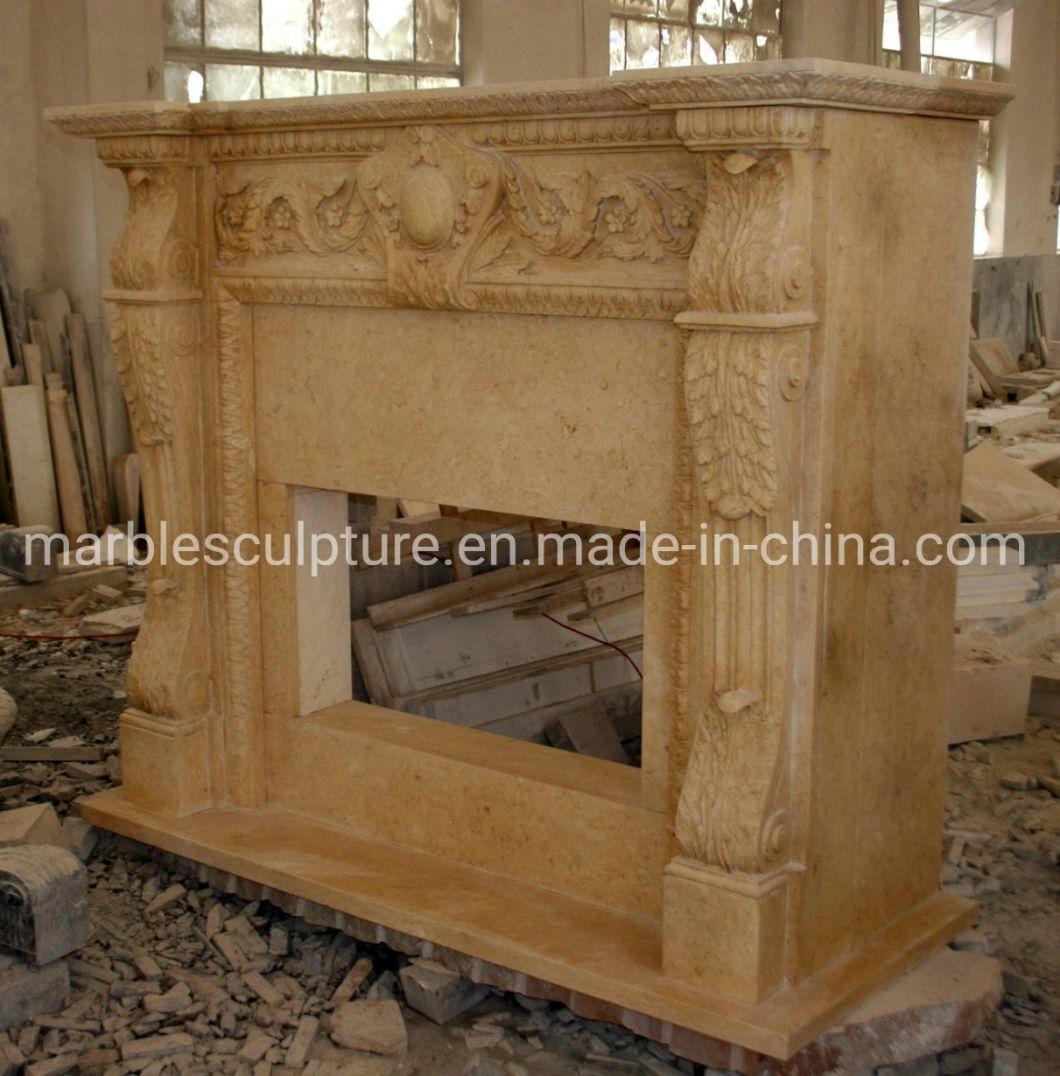 Hot Selling Carved Natural Beige Marble Fireplace (SYMF-208)