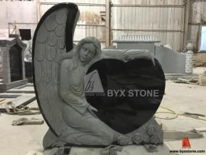 Absolute Black Granite Single Angel Carved Monument / Headstone with Heart