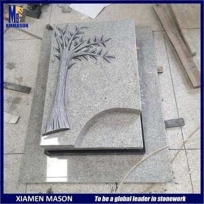 Single Flat G603 Grey Granite Gravestone with Antique Tree Carving