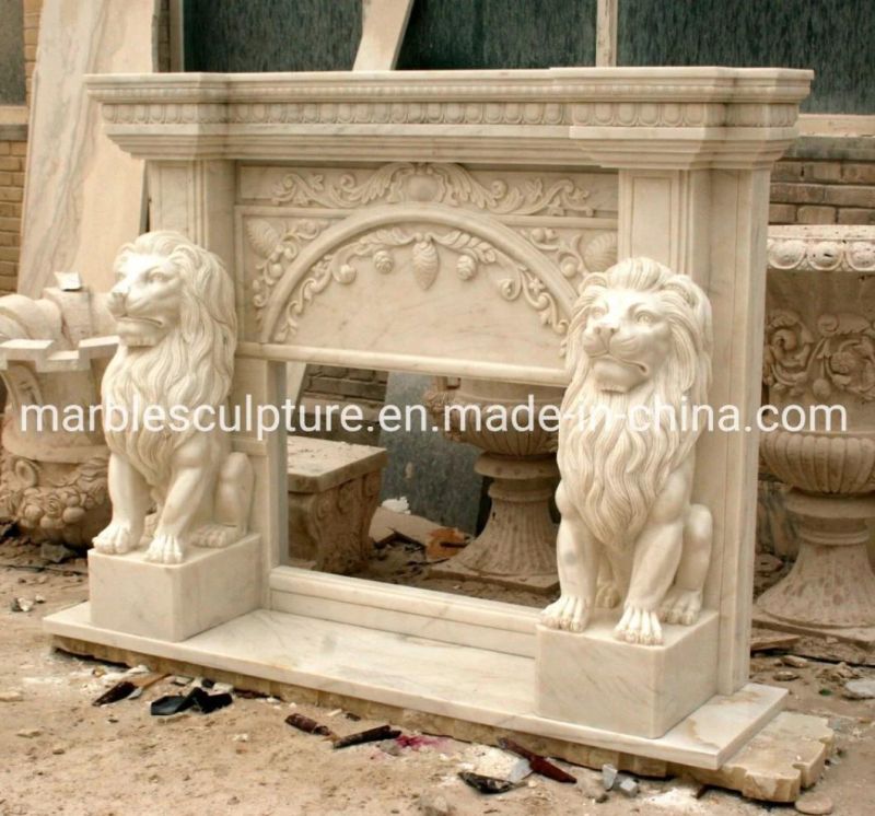 Beautiful Hand Carving Lions Home Decoration Beige Marble Fireplace (SYMF-162)