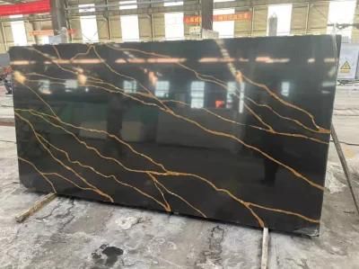Factory Price Black Calacatta Quartz Stone Slab with Gold Veins