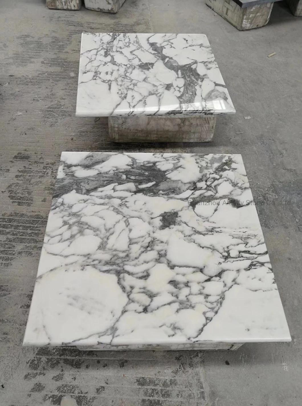 Custom Cut Sqaure and Oval Shape Arabescato White Marble Stone Table Top