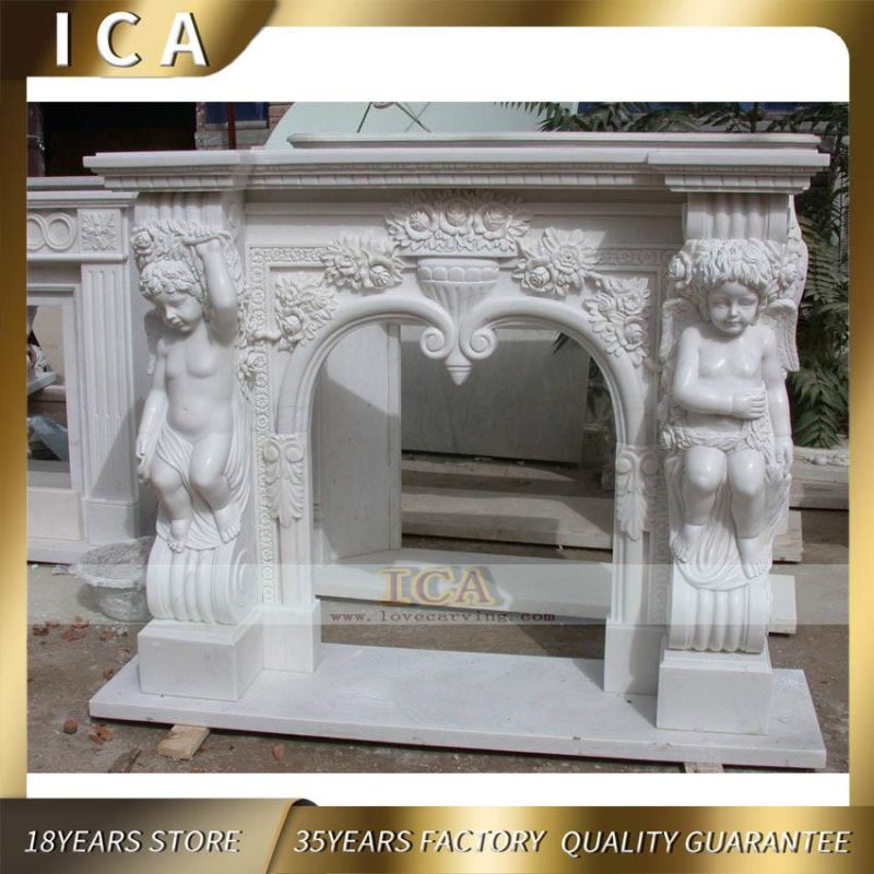 Western Style Luxury Marble Fireplace Mantel with Boy Statue