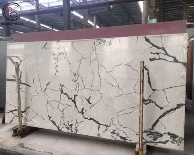 Noble White Artificial Calacatta Marble-Looking Quartz Stone Slab with Black Veins