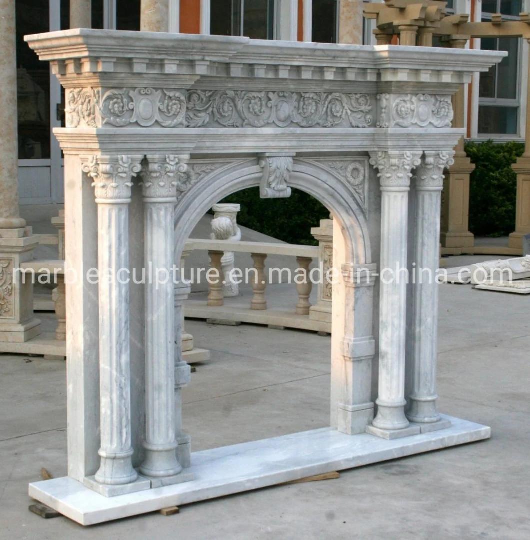 Hand Carved Arched White Marble Fireplace with Column (SYMF-241)