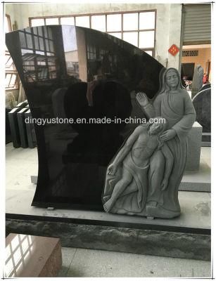 Cemetery Mother Jesus Statue with Black Granite Monument Headstone