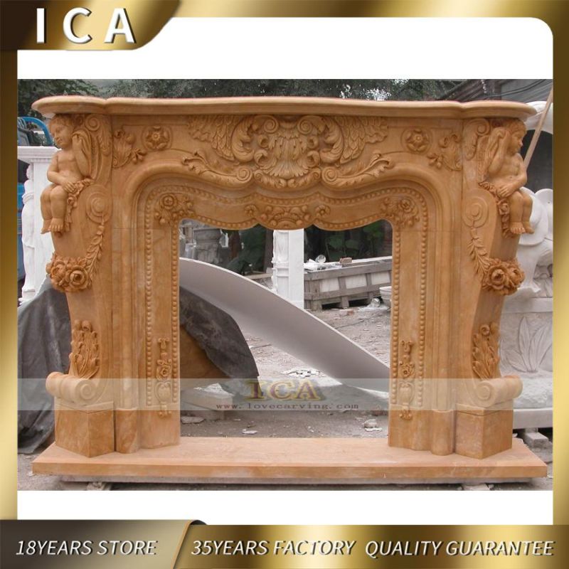Indoor Customized Large Size Marble Fireplace with Girl Statue Sculpture