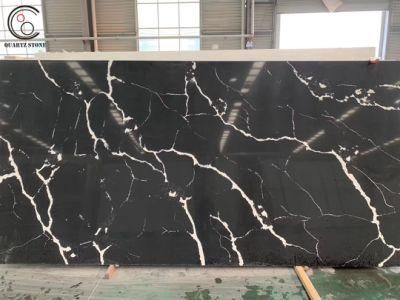 Black Calacatta Quartz Stone Slab with White Texture Imitating Natural Marble