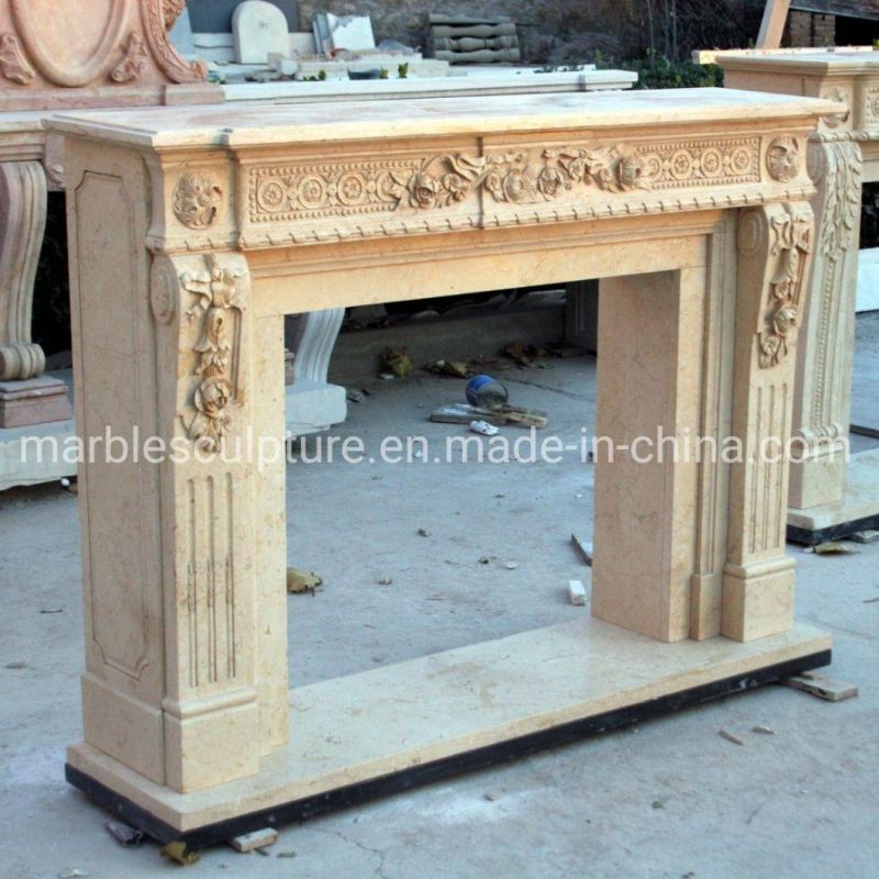 Custom Made Elegant Beige Stone Sculpture Mantel Marble Fireplace (SYMF-250)