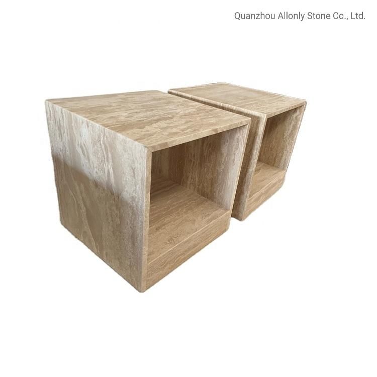 Cubic Block Travertine Solid Stone Bedroom Side Table for Hotel Design