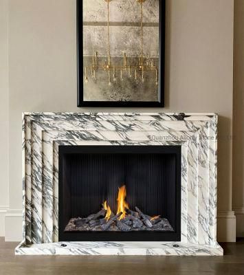 Fireplace Idea Arabescato Corcia White Marble Fire Surround in Transitional Living Room