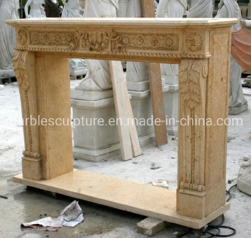 Beautiful Antique Beige Marble Stone Fireplace Carved Flowers (SYMF-255)