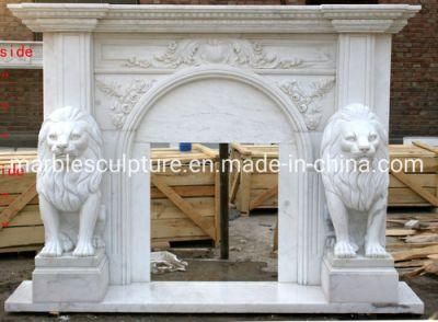 Beautiful Decorative Marble Lion Statue White Marble Fireplace (SYMF-132)