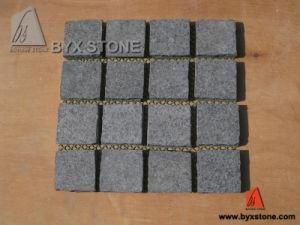 G684 Black Pearl Flamed Basalt Cobblestone on Mesh